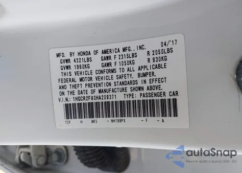 2017 Honda Accord Ex-L from USA, damaged, VIN 1HGCR2F80HA209371
